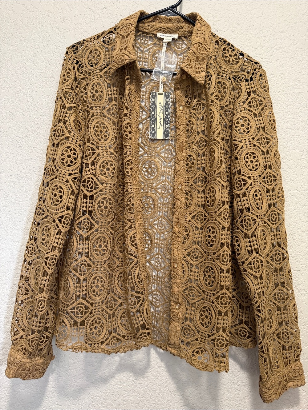 Crochet Lace Button Front Shirt Jacket Tan